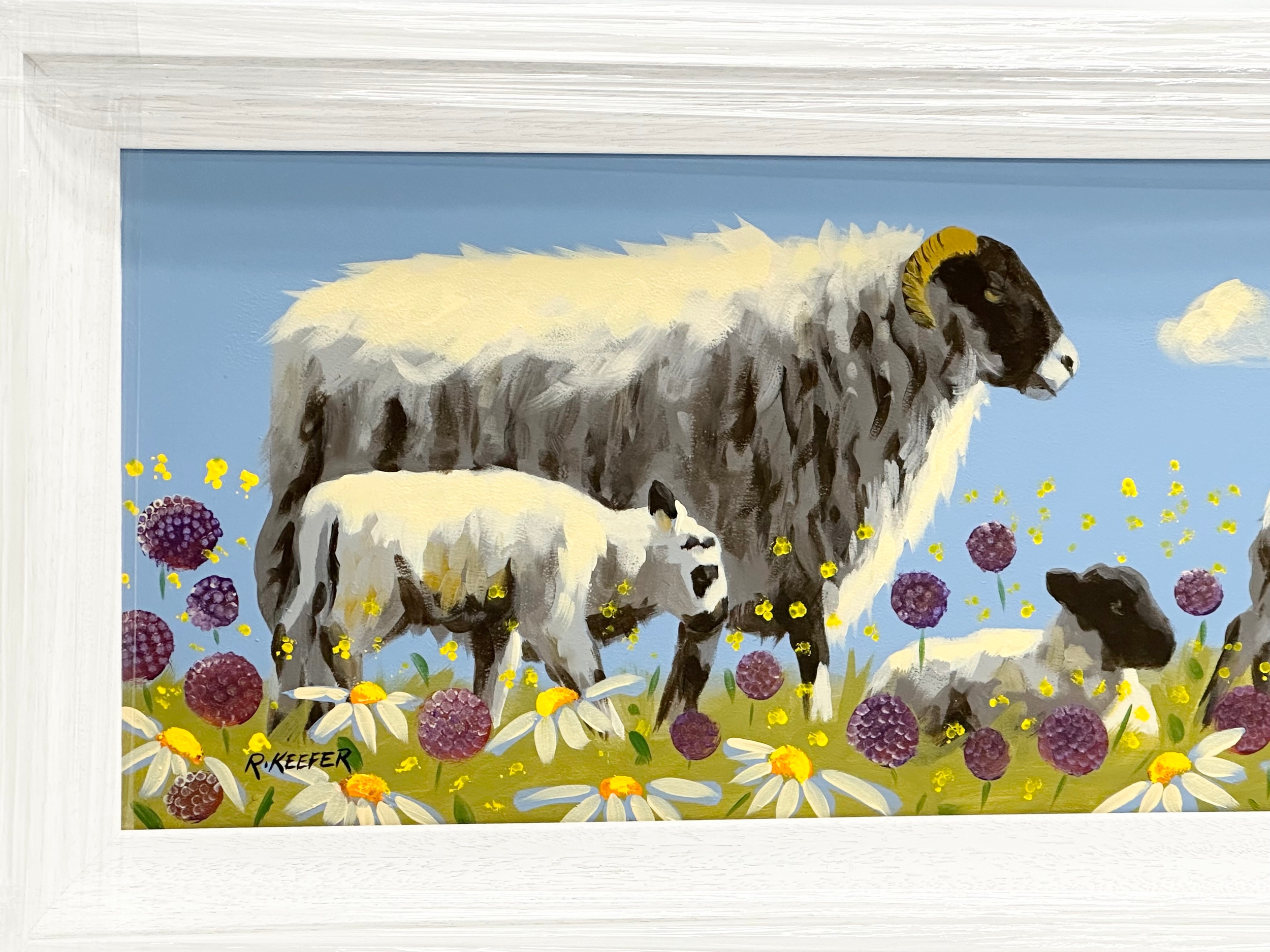 An oil painting on board by Ron Keefer. Sheep in the Field. 75x29cm. Frame 87.5x41cm - Image 2 of 3