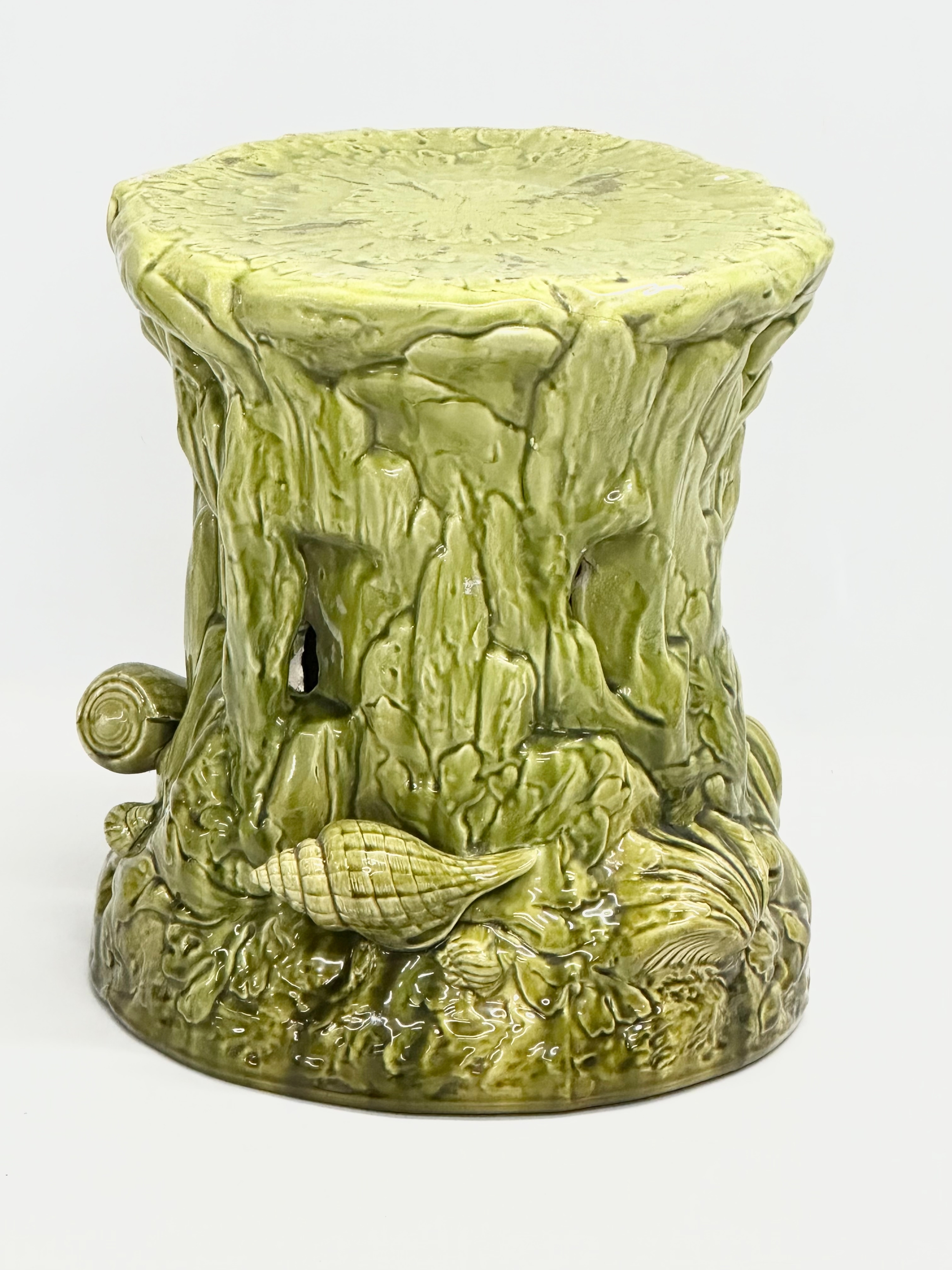 2 Late 19th Century Majolica garden seats/jardiniere stands. 1 (Bretby) damaged. 35x29cm. 31x34cm - Image 2 of 16