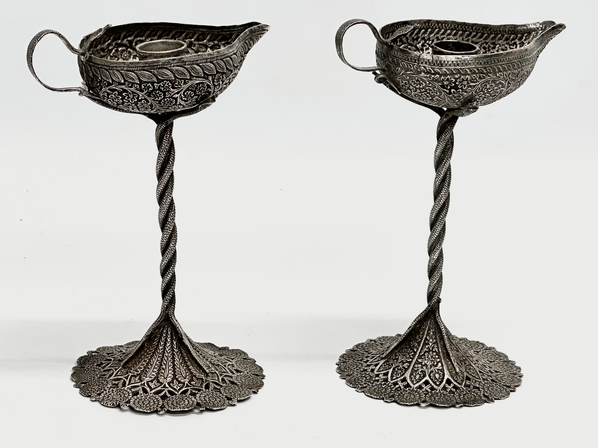 A pair of Late 19th Century candleholder oil lamps. With pierced plated bases and cobra columns. - Image 6 of 7