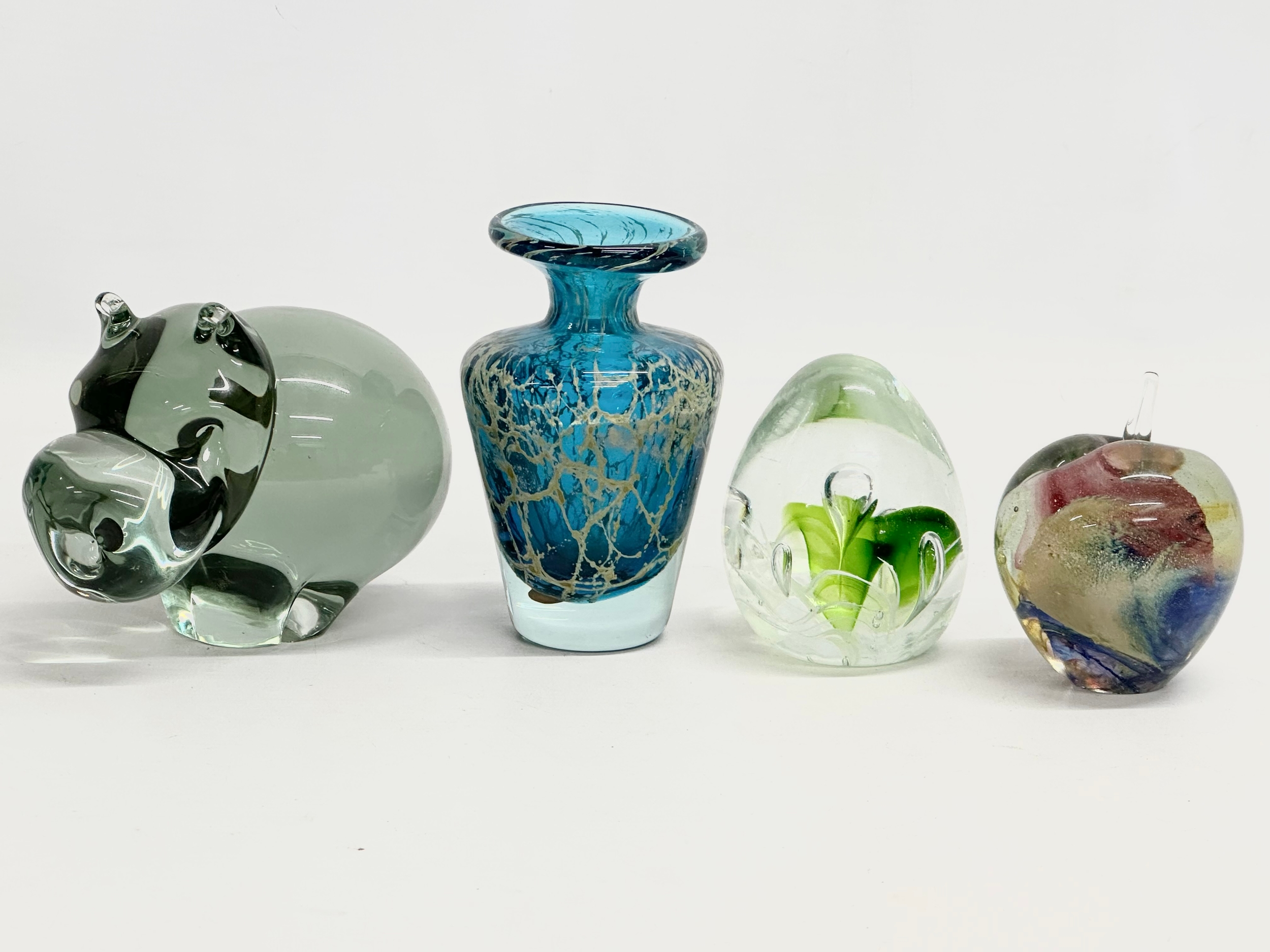 3 art glass paperweights and vase. An Mdina vase designed by Michael Harris 12cm. A Ngwenya Glass