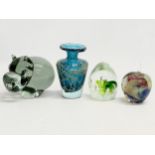 3 art glass paperweights and vase. An Mdina vase designed by Michael Harris 12cm. A Ngwenya Glass