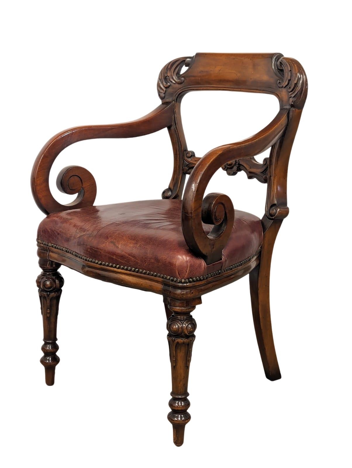 A William IV style mahogany armchair with scroll arms and leather seat - Image 8 of 8