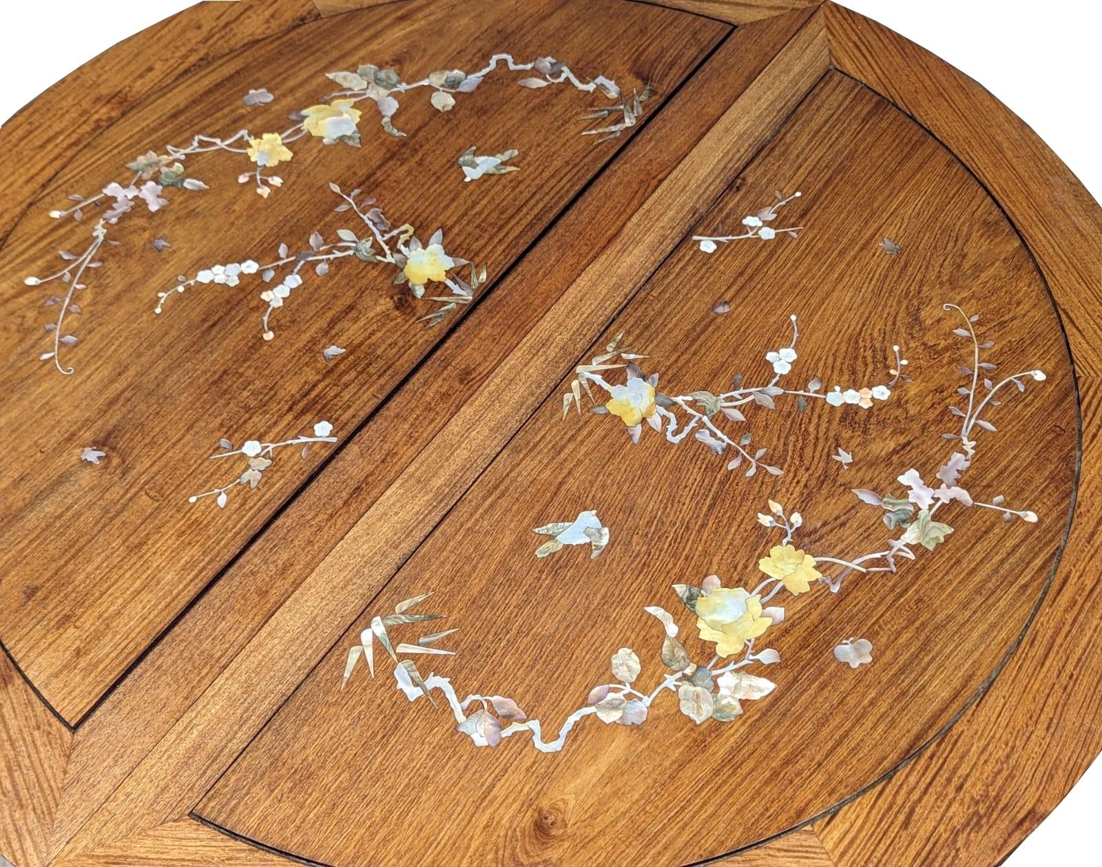 A Chinese rosewood 2 leaf extending dining table and 6 chairs with Mother of Pearl inlay. - Image 3 of 11