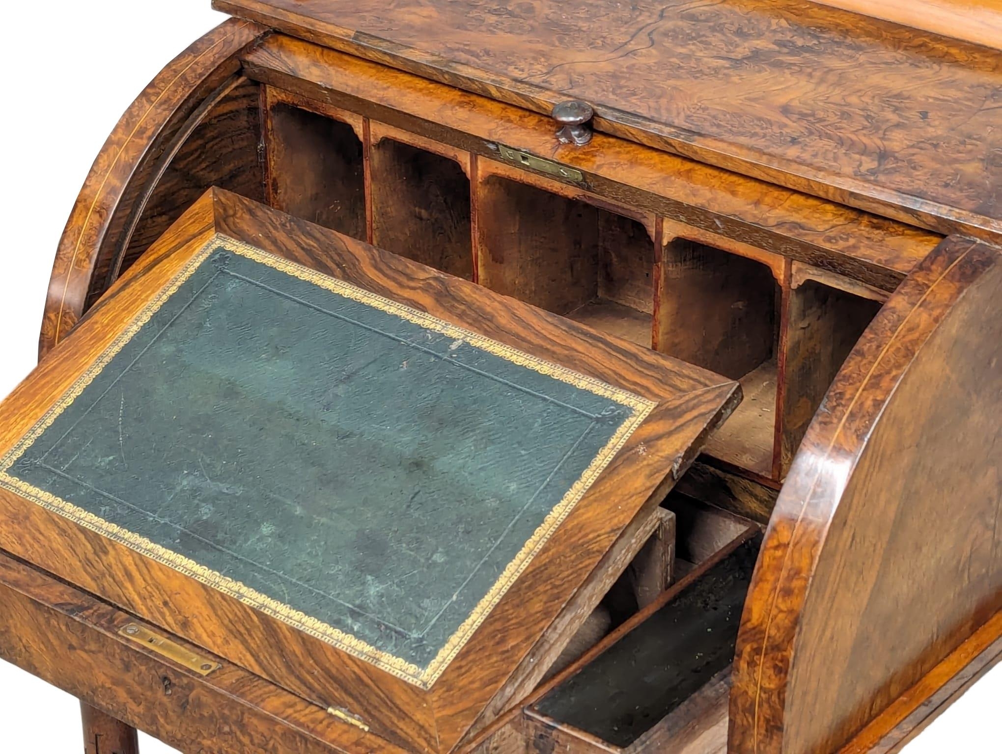 A 19th Century Victorian inlaid Burr Walnut cylinder writing desk. 58.5x44.5x91cm - Bild 8 aus 10