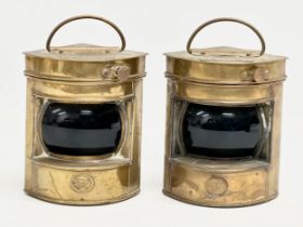 A pair of Shepperton Nauticalia ‘Starboard’ brass ships lanterns with blue glass. 11.5x10.5x13.5cm