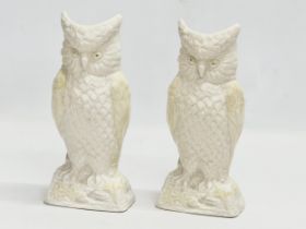 A pair of Belleek Pottery owl vases. 21cm