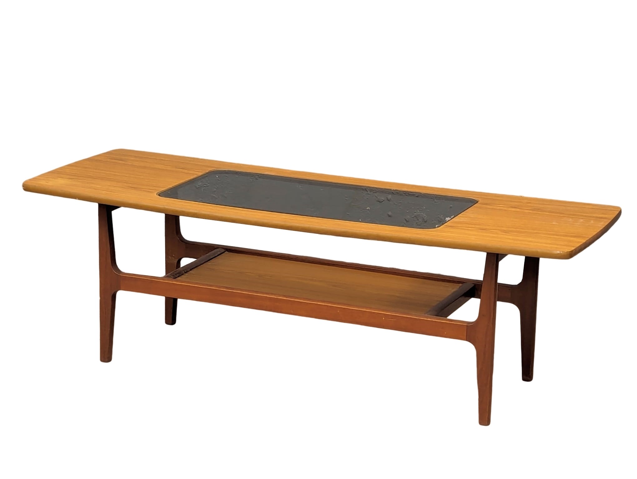 A Mid Century teak 2 tiered coffee table with smoked glass. 136x50x43cm