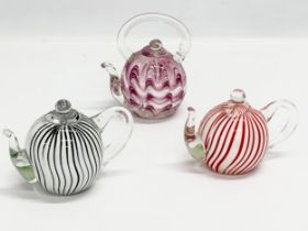 3 Art Glass teapot paperweights. 14x10cm