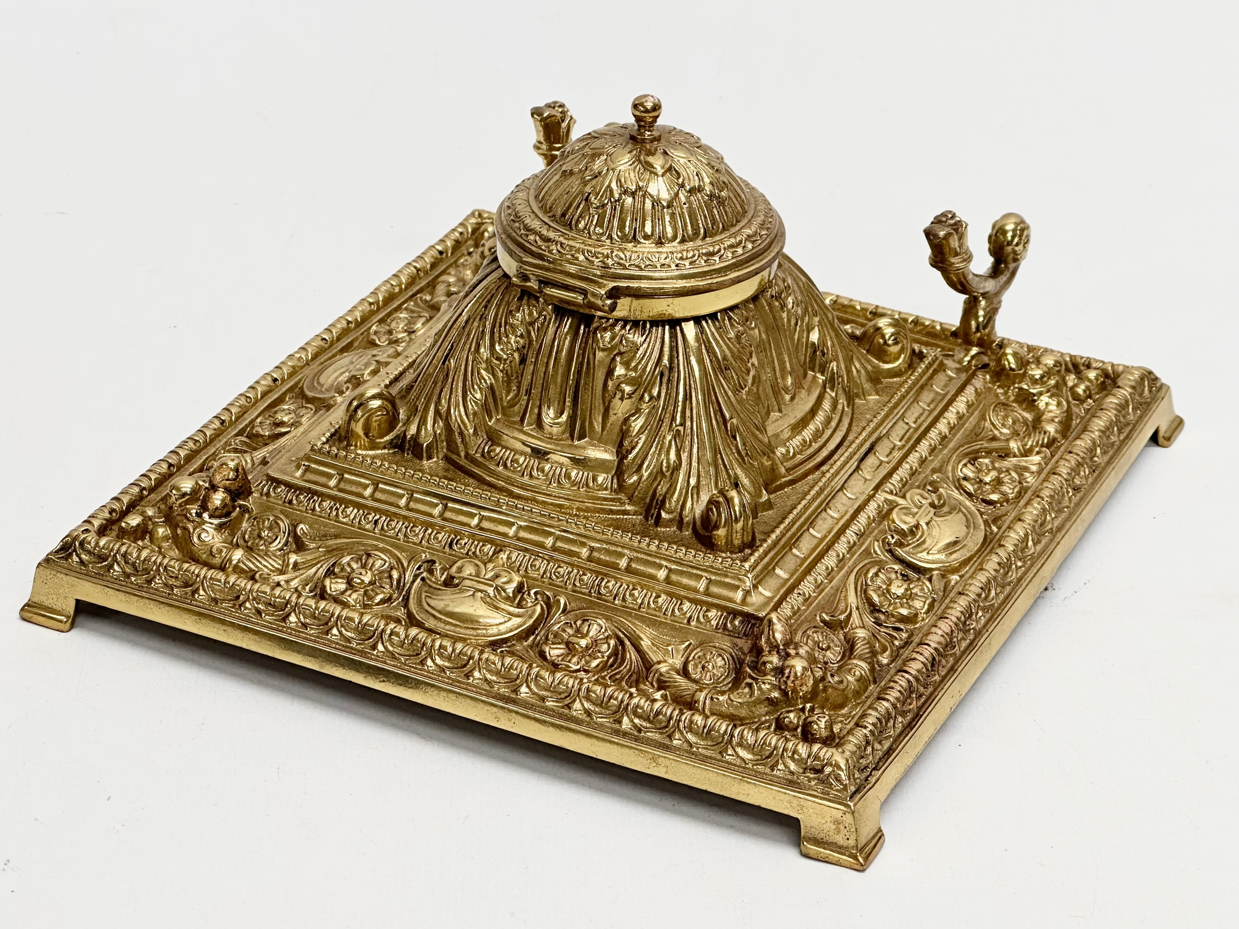 A Late 19th Century Victorian brass inkstand/inkwell with original Bristol Blue liner. 18.5x18. - Image 6 of 6