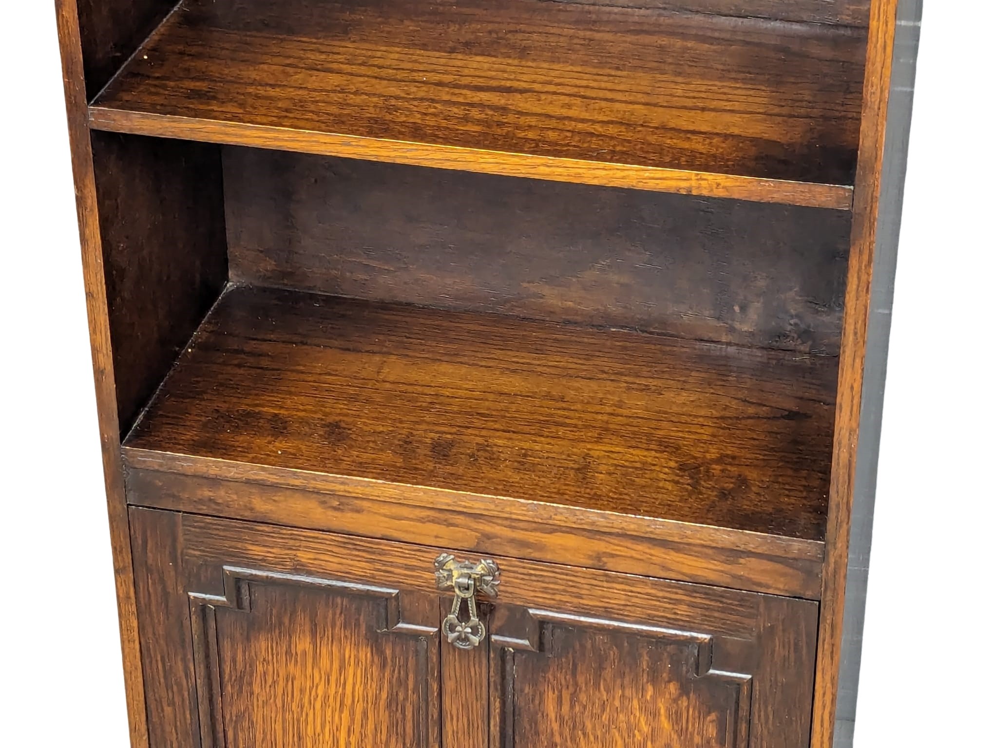 A vintage oak open bookcase with drop down paper rack. 48.5x22.5x105cm - Image 2 of 7