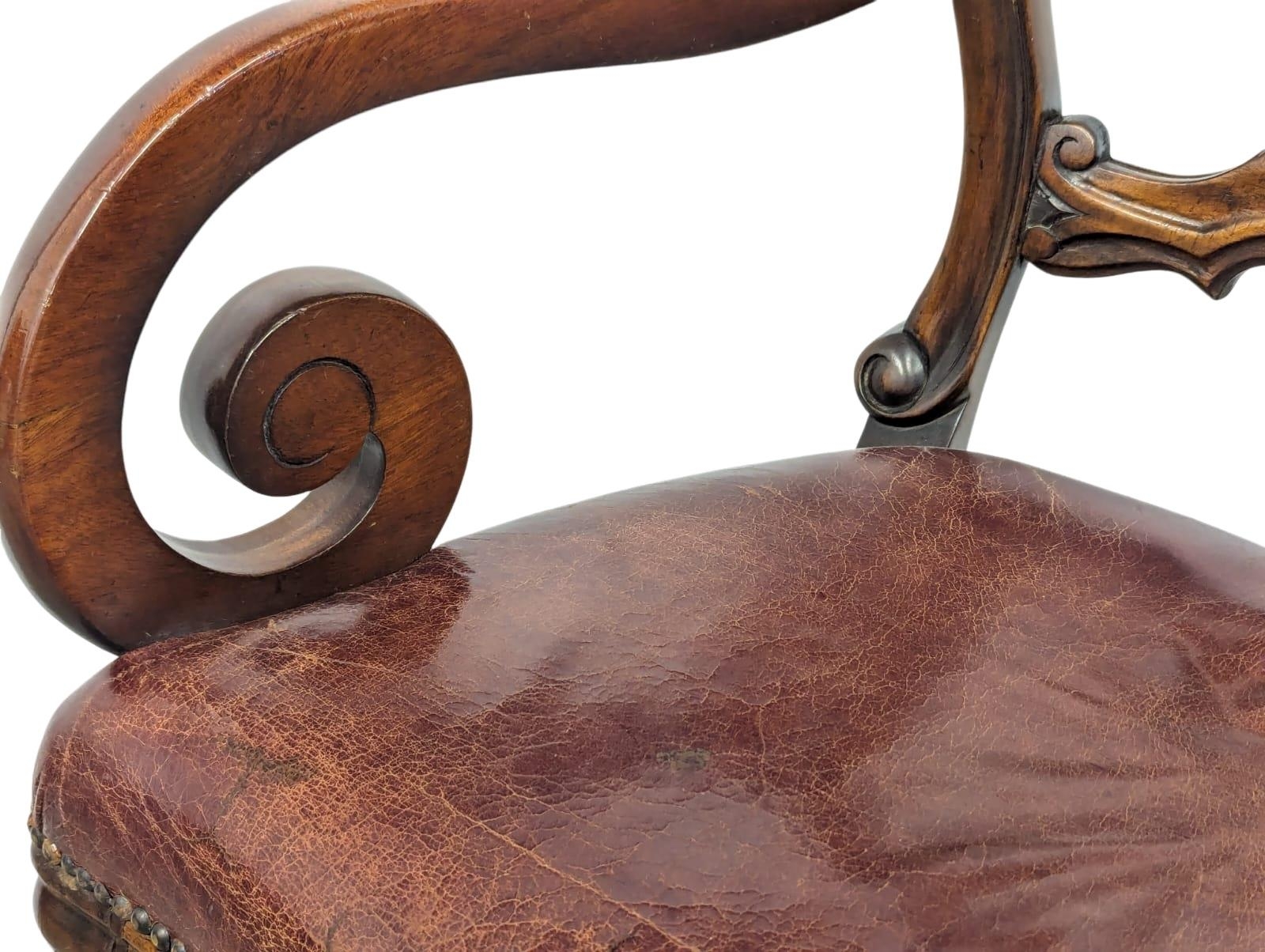 A William IV style mahogany armchair with scroll arms and leather seat - Image 7 of 8