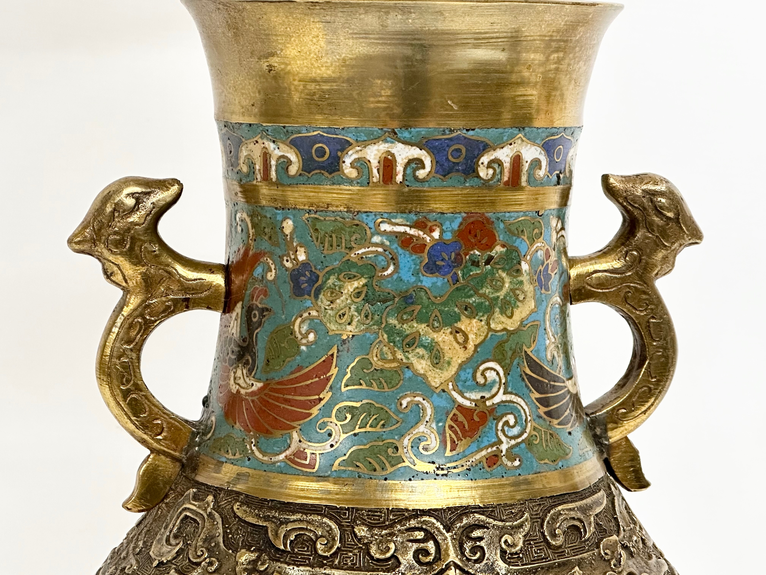 A large Late 19th Century Chinese brass and Cloisonné converted table lamp. 21x82cm - Image 4 of 9