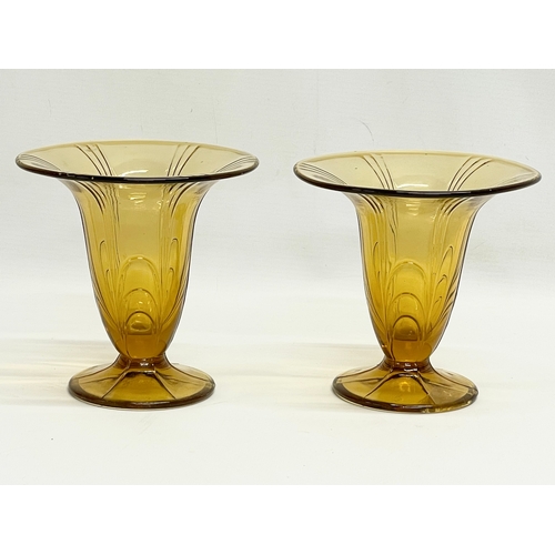 A pair of vintage Art Deco style Amber Glass vases. 14.5x13.5cm