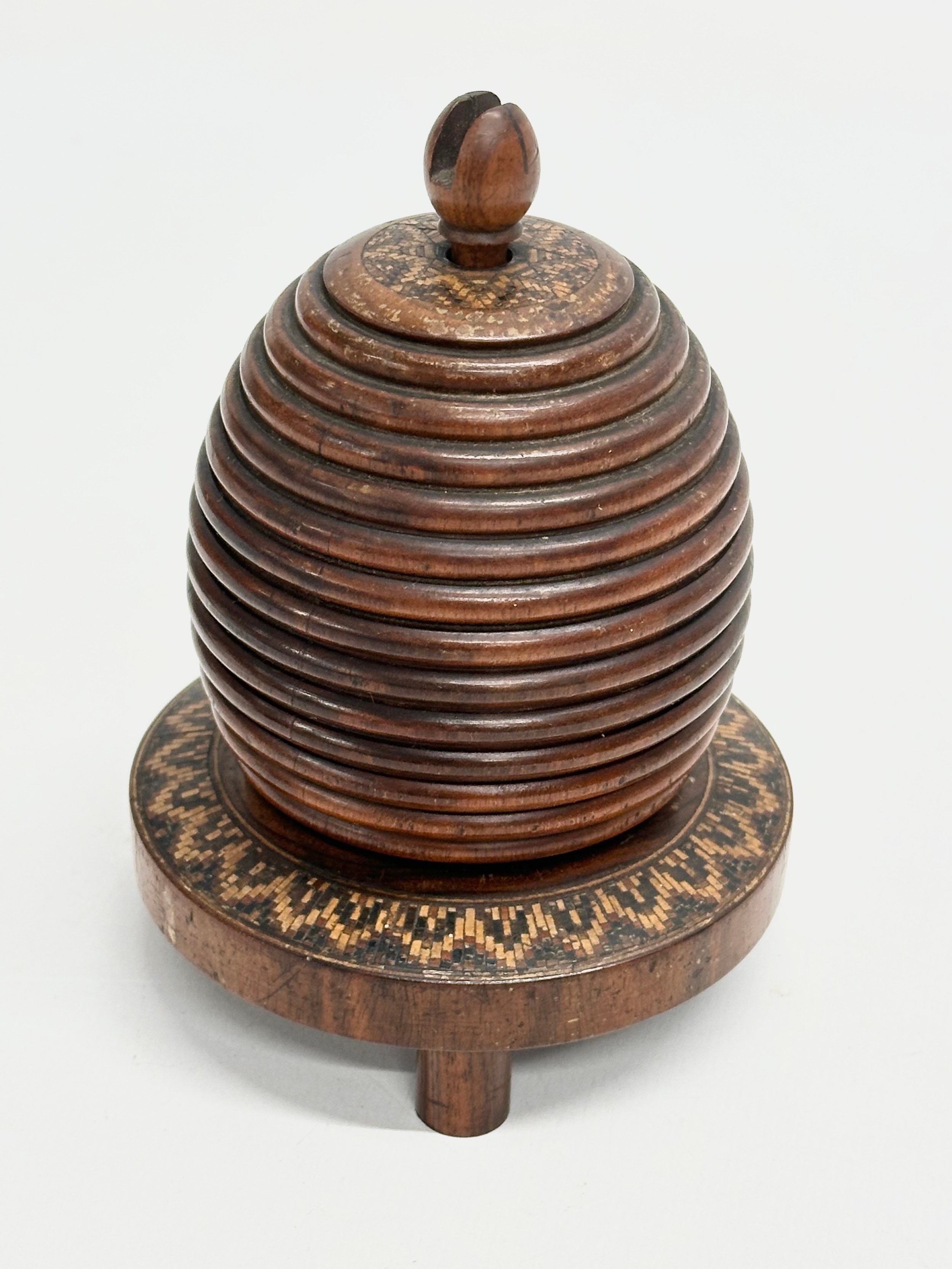 A Mid 19th Century Lignum Vitae turned fruitwood beehive string box. 9x12cm - Image 5 of 7