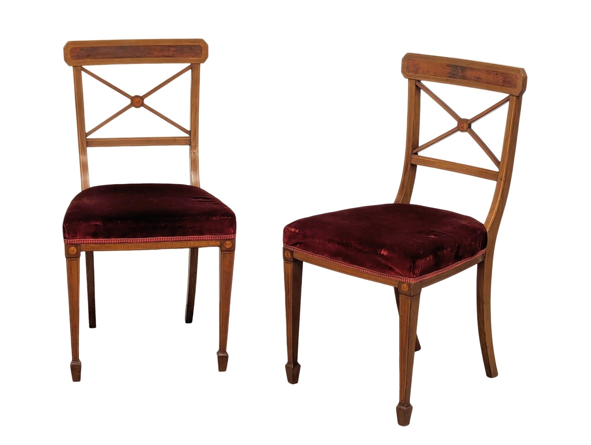 A pair of Edwardian inlaid mahogany side chairs on square tapering legs. In the Sheraton style. - Image 6 of 8