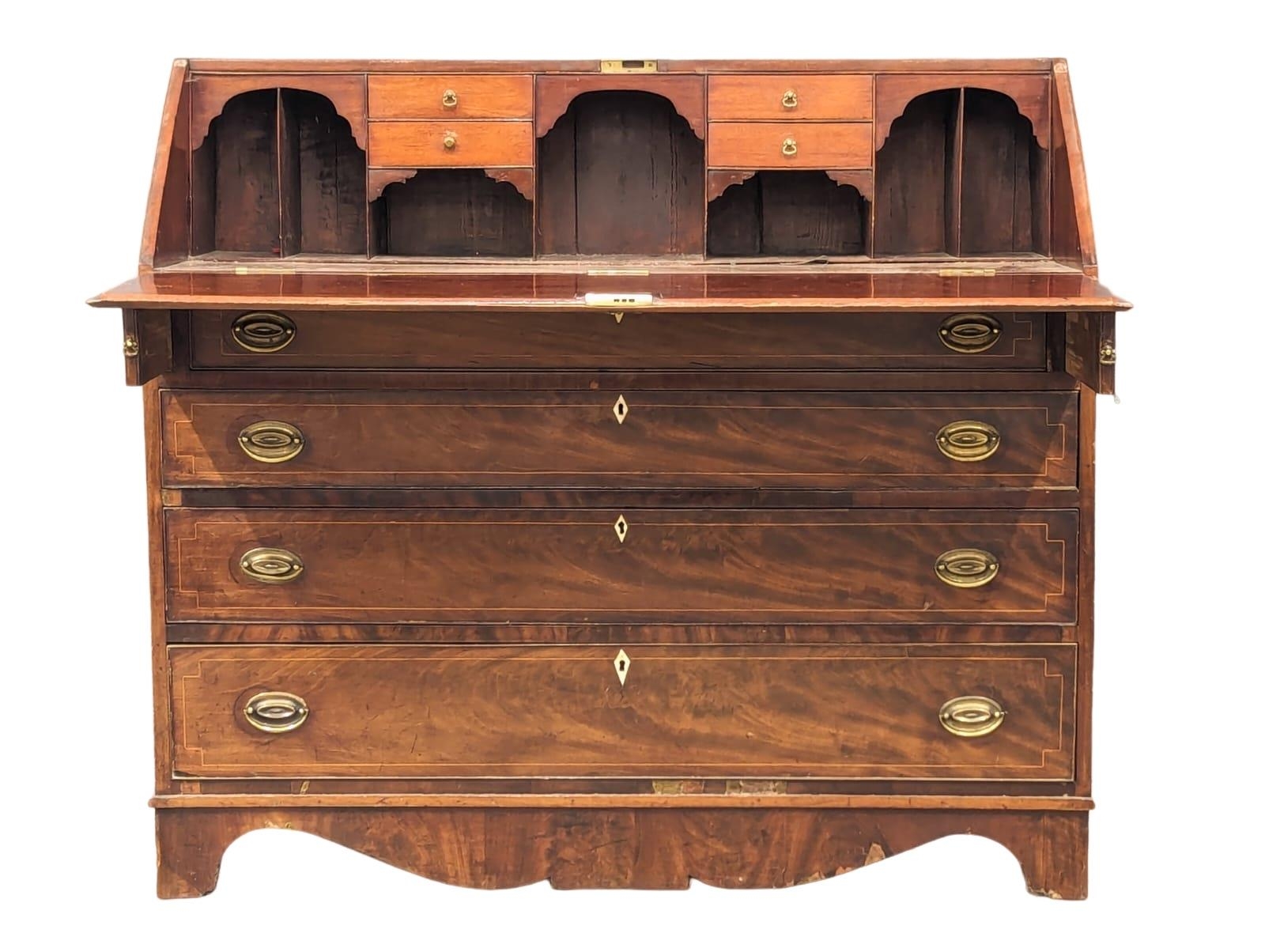 A large George III Sheraton style inlaid mahogany writing bureau. Circa 1800. 121x53x108cm - Image 4 of 10