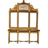 A very large 18th Century style French gilt mirror back console table with marble top, cherub and