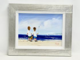 An oil painting on board by Michelle Carlin. Children at the Beach. 39.5x29cm. Frame 56x46cm