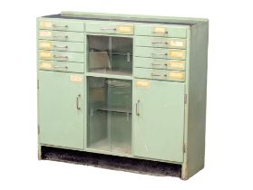 A 1950s painted dental cabinet, 108.5cm x 38cm x 100cm