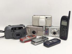 A quantity of cameras and mobile phones. Including Kodak, Olympus, Samsung, Nokia, etc