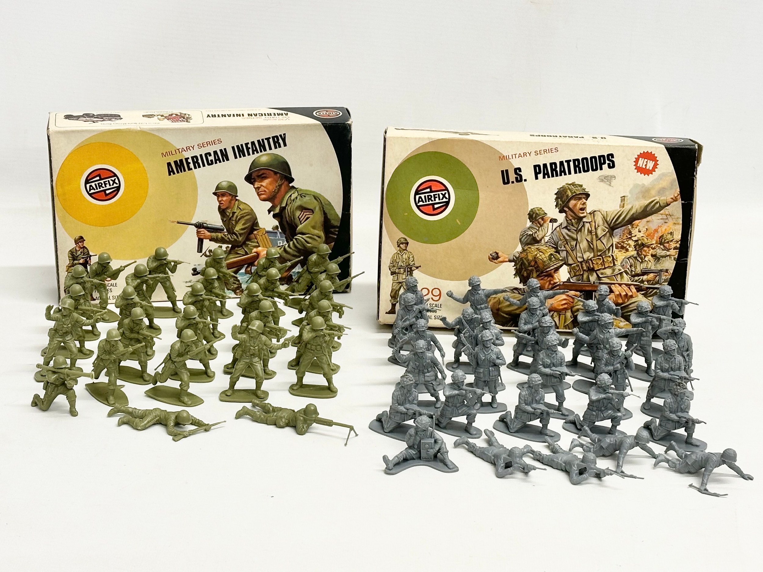 2 boxes of vintage Airfix WWII soldiers. Airfix Military Series U.S Paratroops, 30 pieces. Airfix