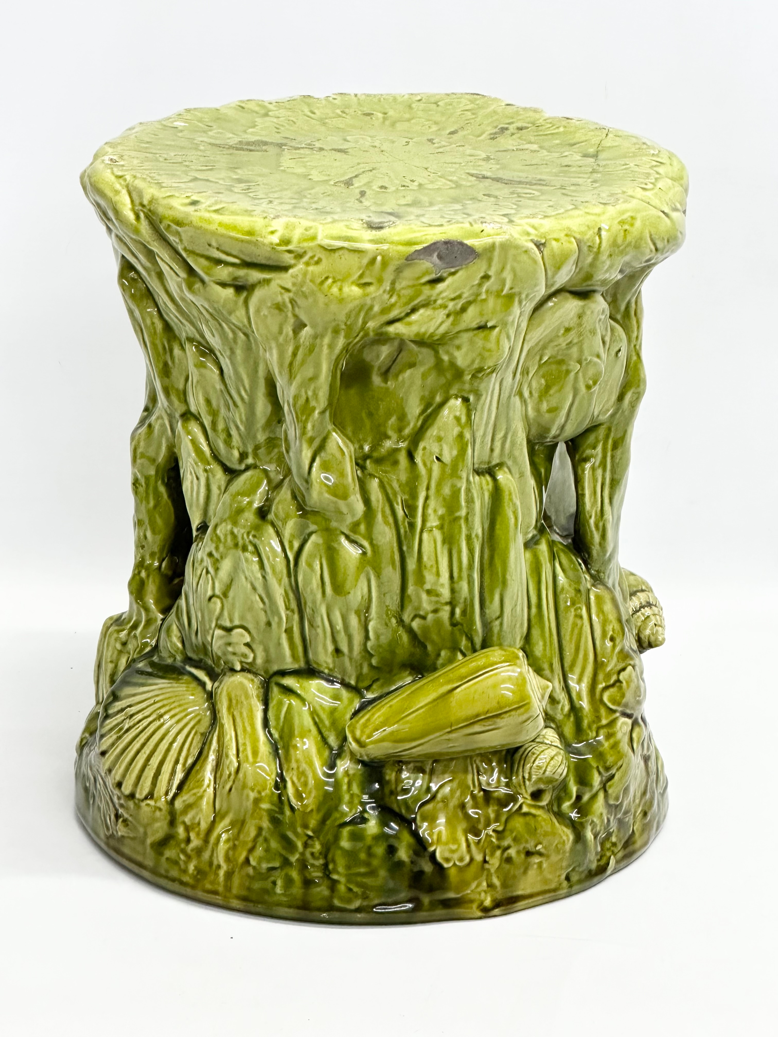 2 Late 19th Century Majolica garden seats/jardiniere stands. 1 (Bretby) damaged. 35x29cm. 31x34cm - Image 5 of 16