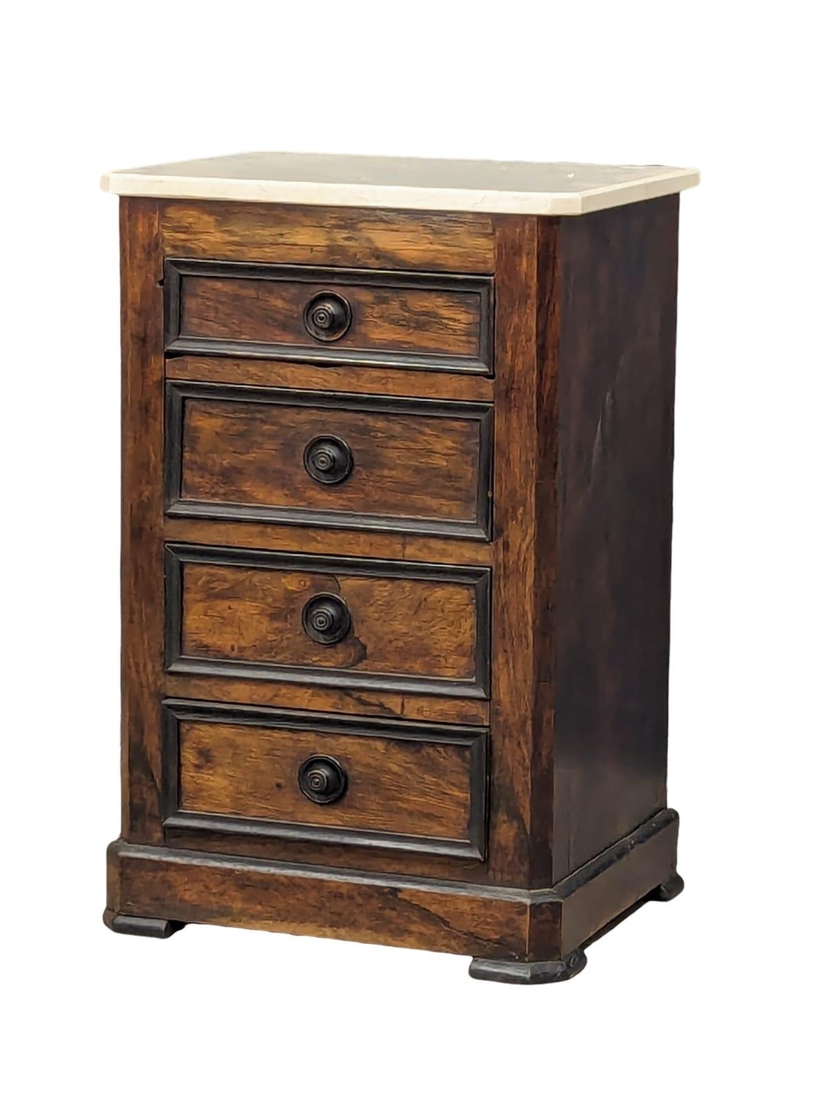 A French Art Deco rosewood bedside chest with marble top. Circa 1920-1930. 44x36x67cm