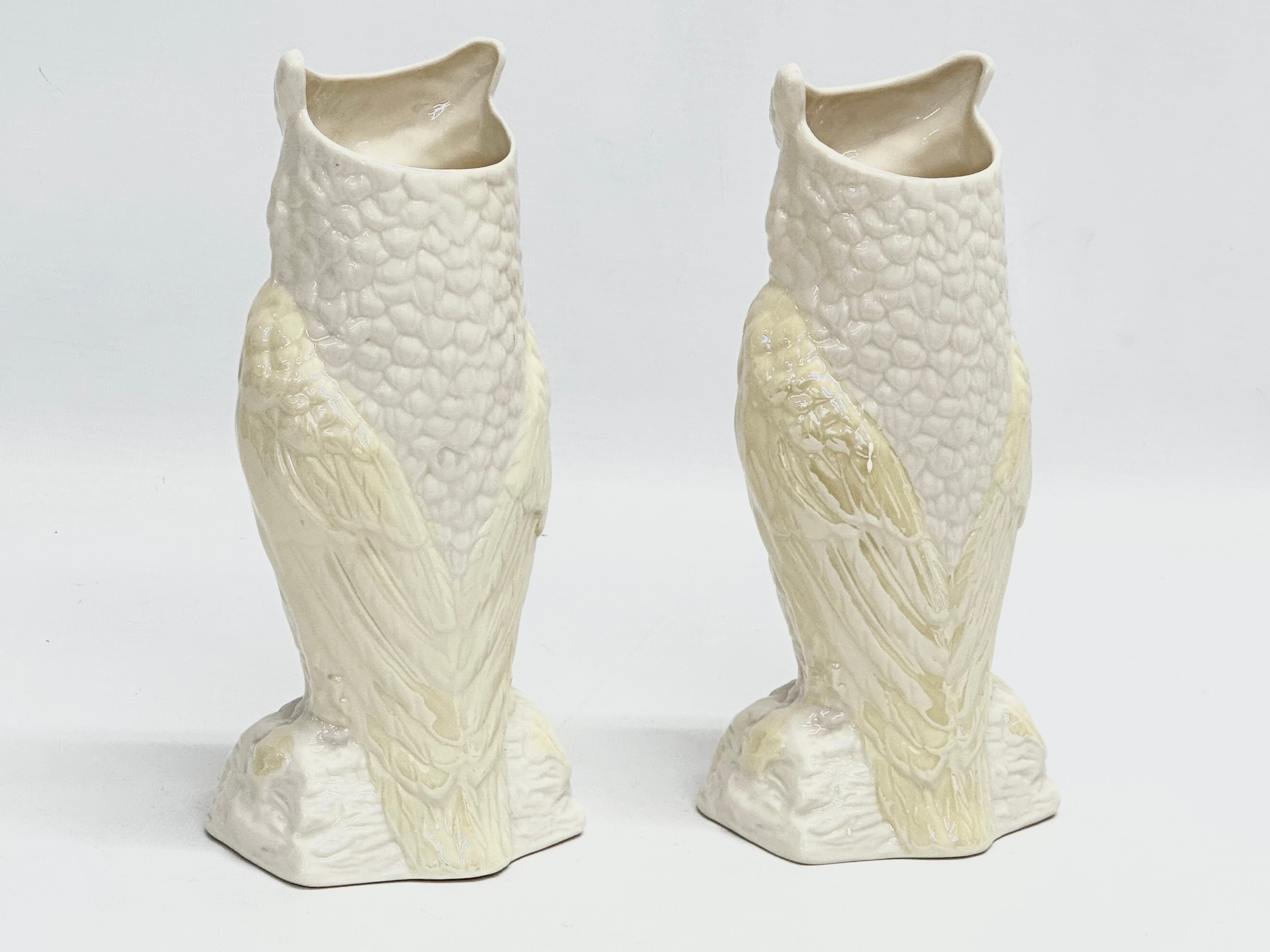 A pair of Belleek Pottery owl vases. 21cm - Image 2 of 3