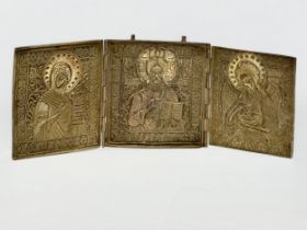 A Late 18th/Early 19th Century Russian Triptych brass religious icon. Open 36.5cm. 13x14.5cm closed.