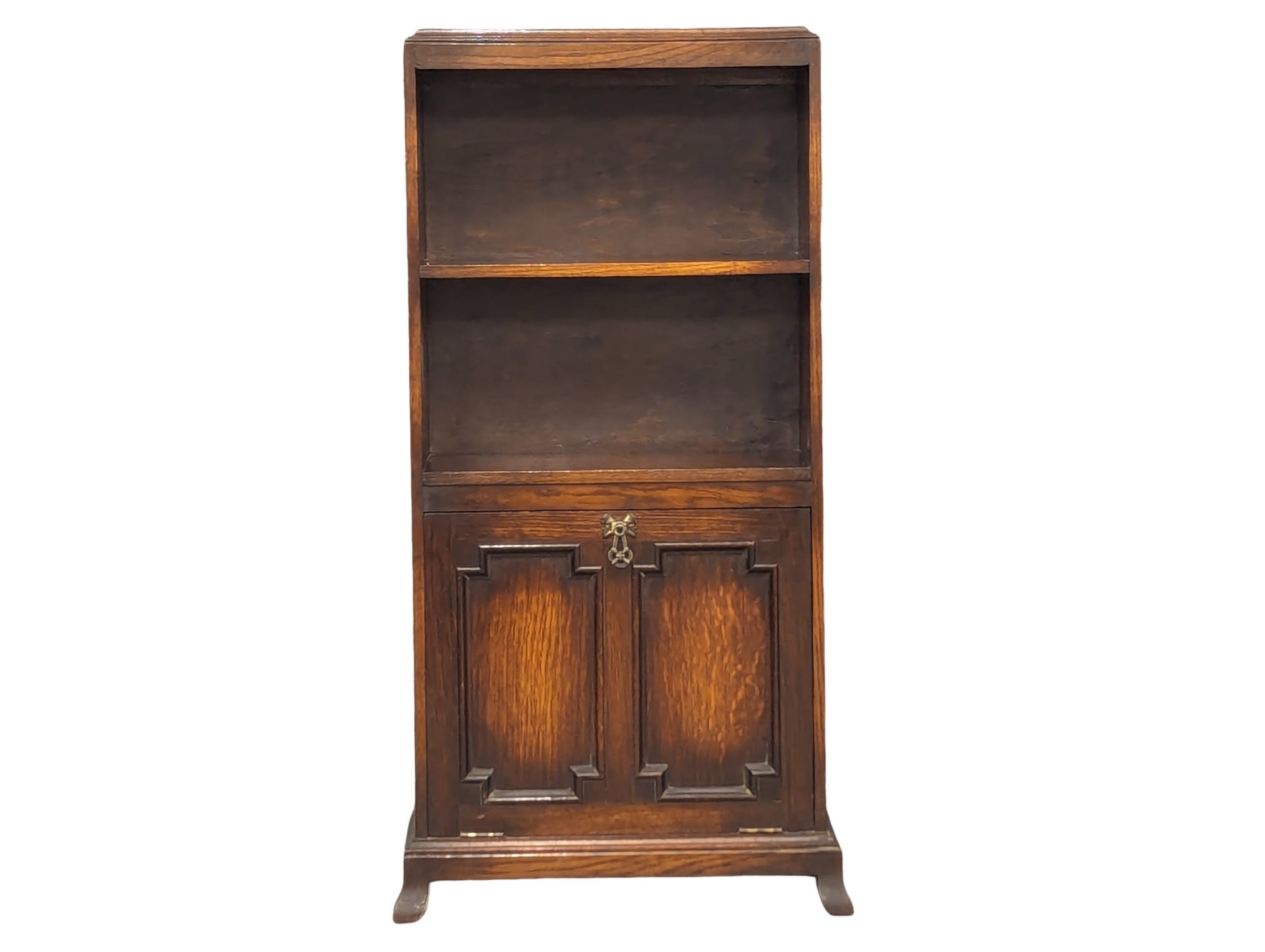 A vintage oak open bookcase with drop down paper rack. 48.5x22.5x105cm