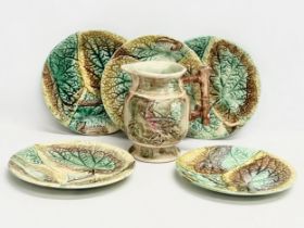 A collection of Late 19th Century Forester Majolica pottery. Plates 21cm. Jug 16x13x17cm