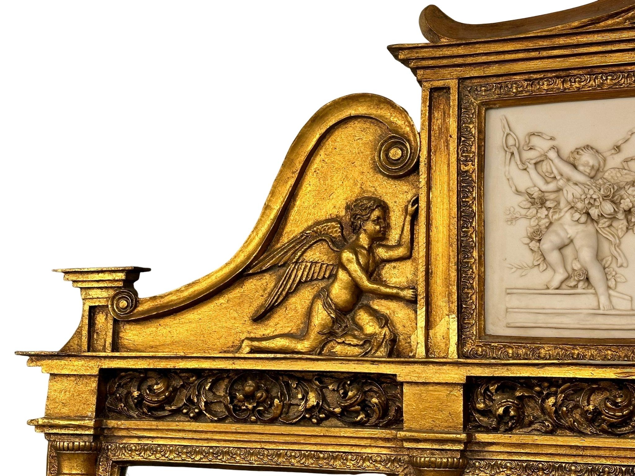 A very large 18th Century style French gilt mirror back console table with marble top, cherub and - Image 2 of 10