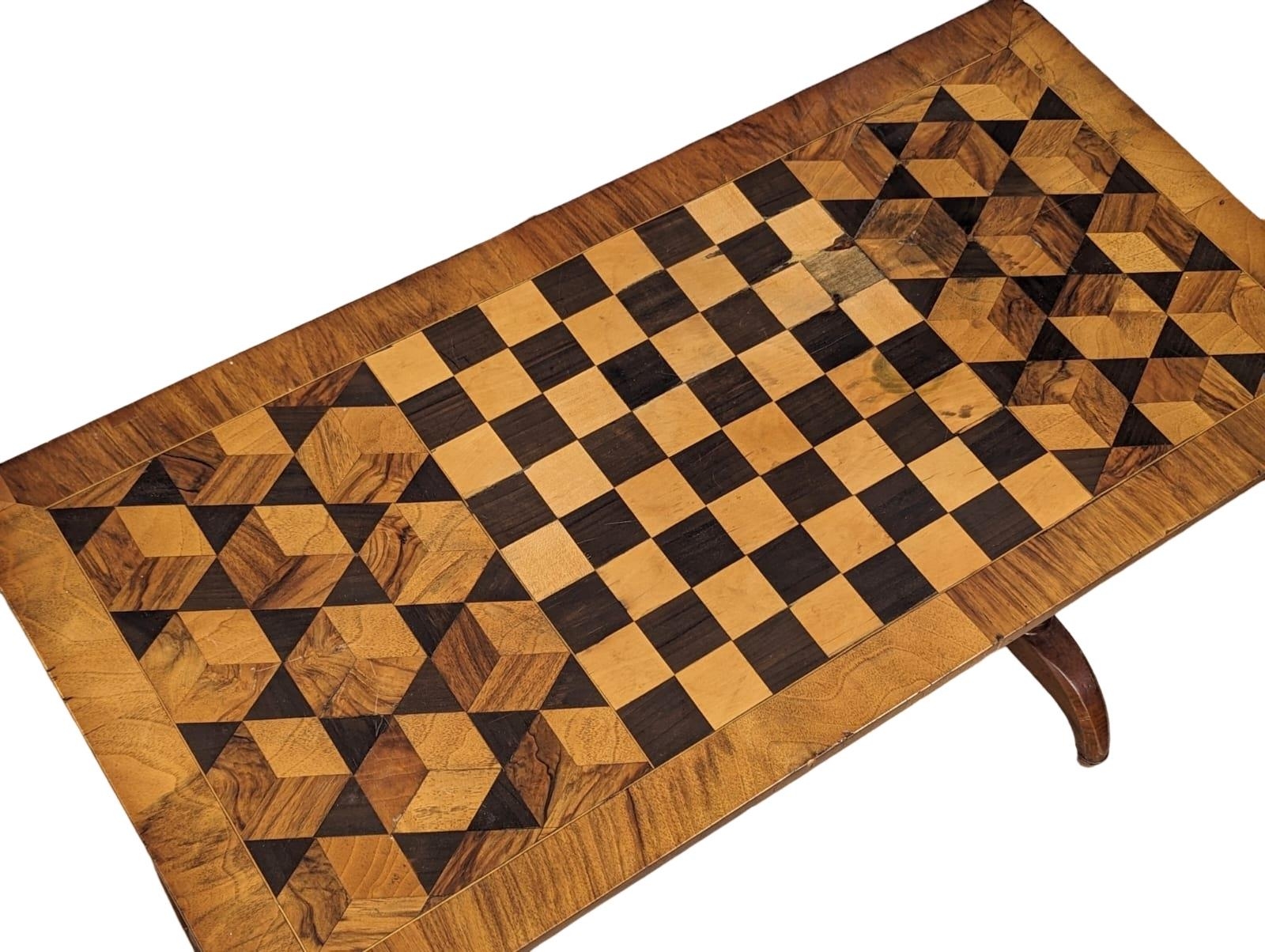 A 19th Century I laid walnut games table with stretcher support, 1870s. 89cm x 44cm x 69cm - Image 4 of 5