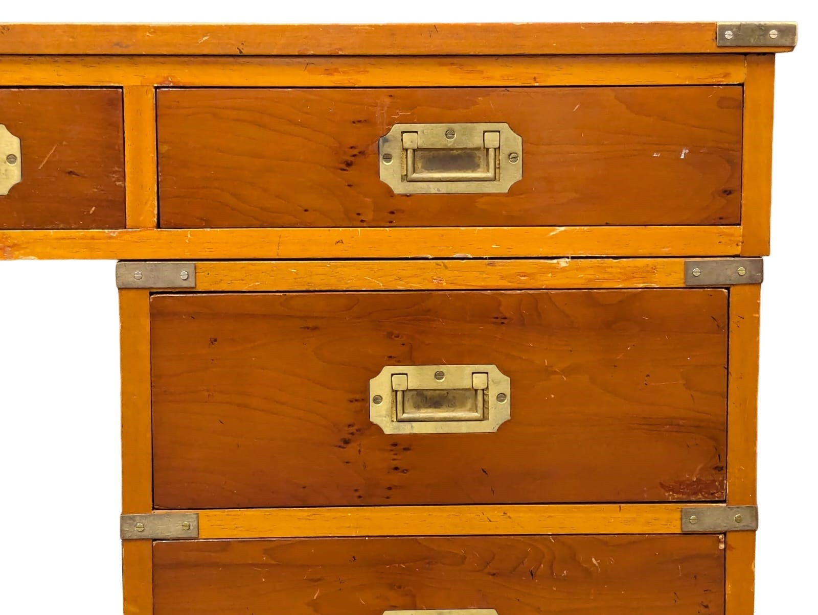 A Campaign style yew wood pedestal desk with leather top. 135x74x78cm - Image 2 of 8