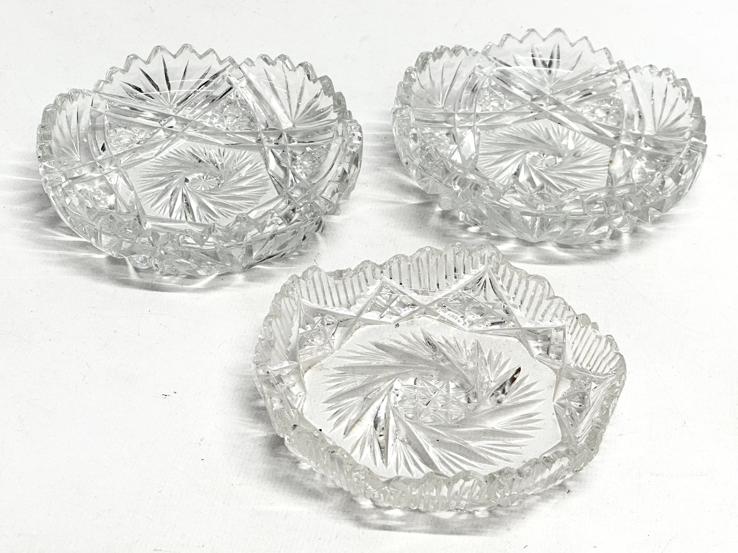 3 Mid 20th Century good quality cut glass dishes with scalloped rims. 10.5cm