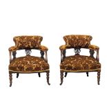 A pair of Late Victorian walnut parlour tub chair / armchairs. Circa 1890.