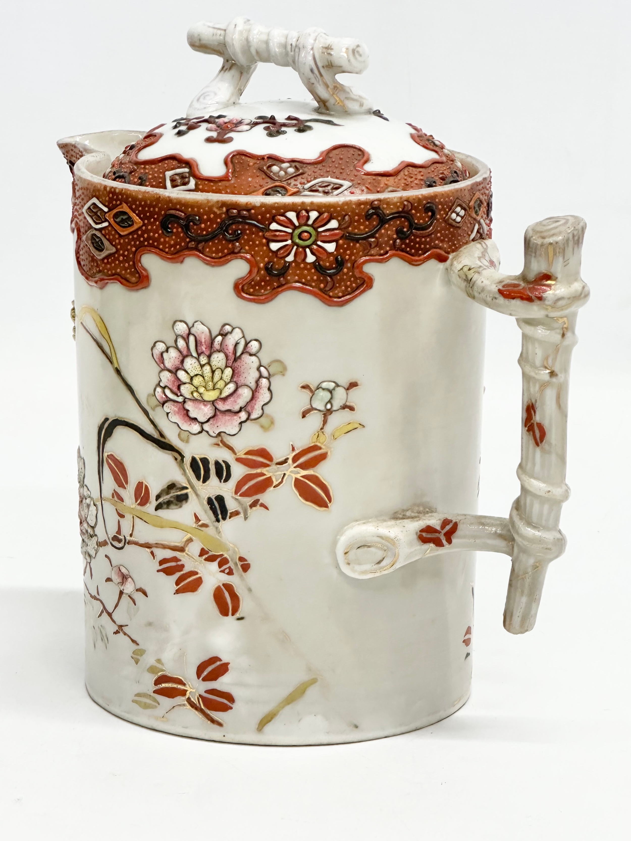 A 19th Century Japanese hand painted chocolate pot/teapot. With bamboo design handle and embossed - Image 4 of 13