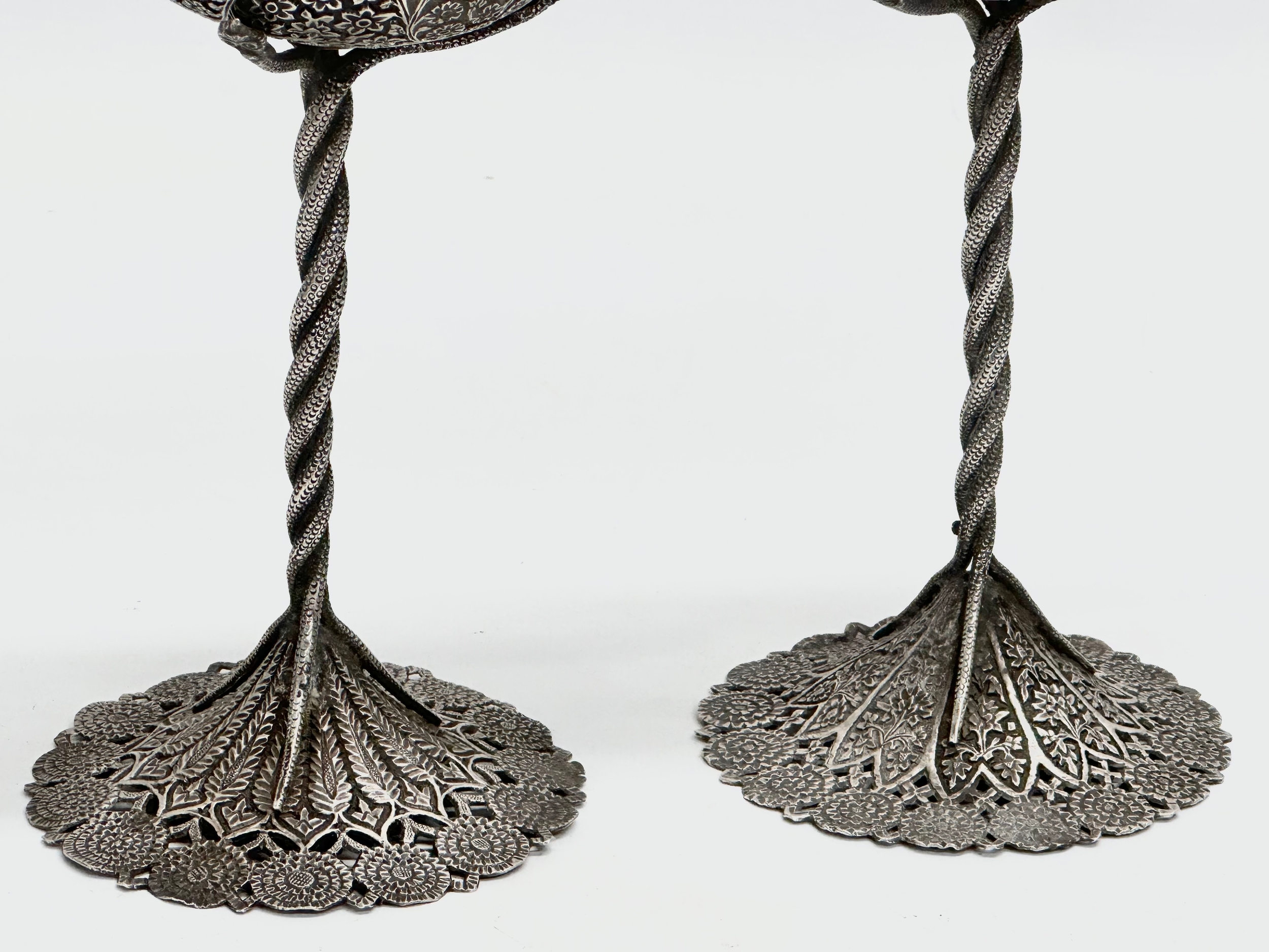 A pair of Late 19th Century candleholder oil lamps. With pierced plated bases and cobra columns. - Image 3 of 7