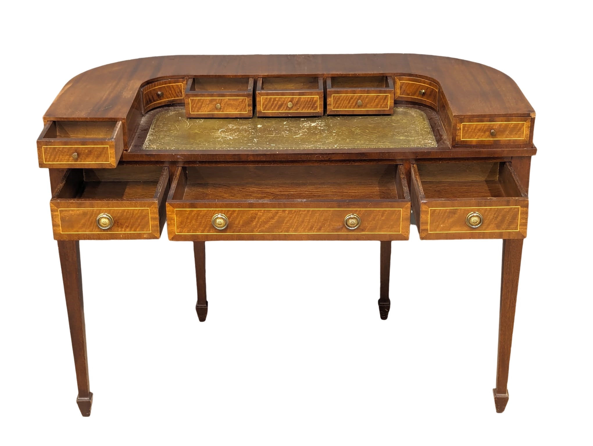 A Carlton House style inlaid mahogany writing desk with leather top in the manner of Sheraton - Image 5 of 9