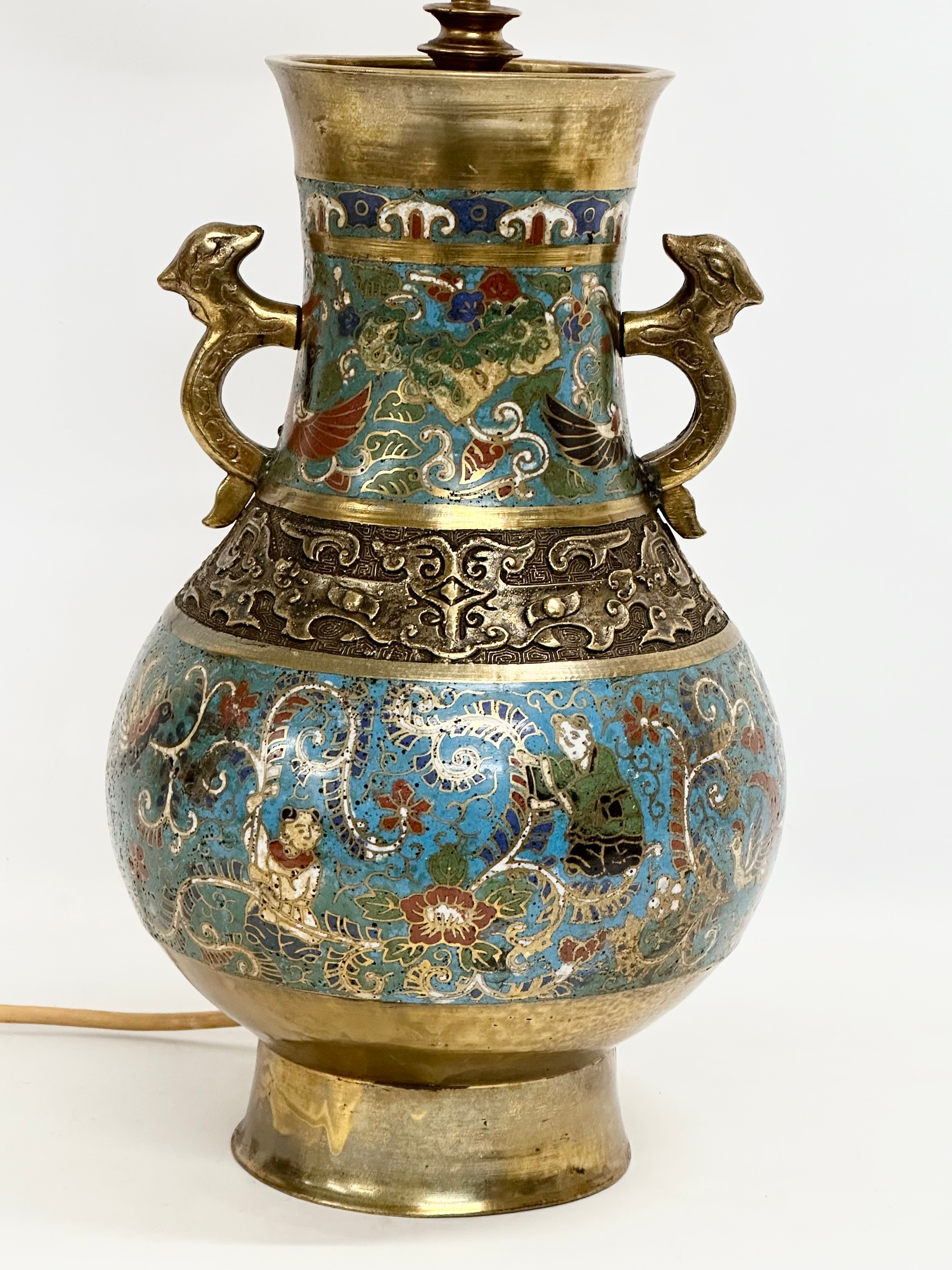 A large Late 19th Century Chinese brass and Cloisonné converted table lamp. 21x82cm - Image 2 of 9