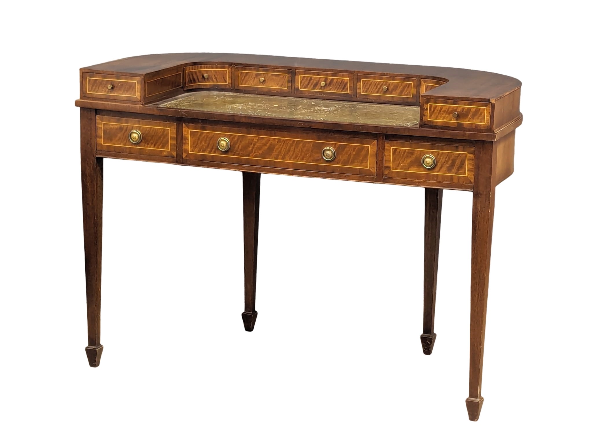 A Carlton House style inlaid mahogany writing desk with leather top in the manner of Sheraton