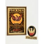 Phoenix Insurance. A cast wall plaque and a framed advertising sign. 34x49cm