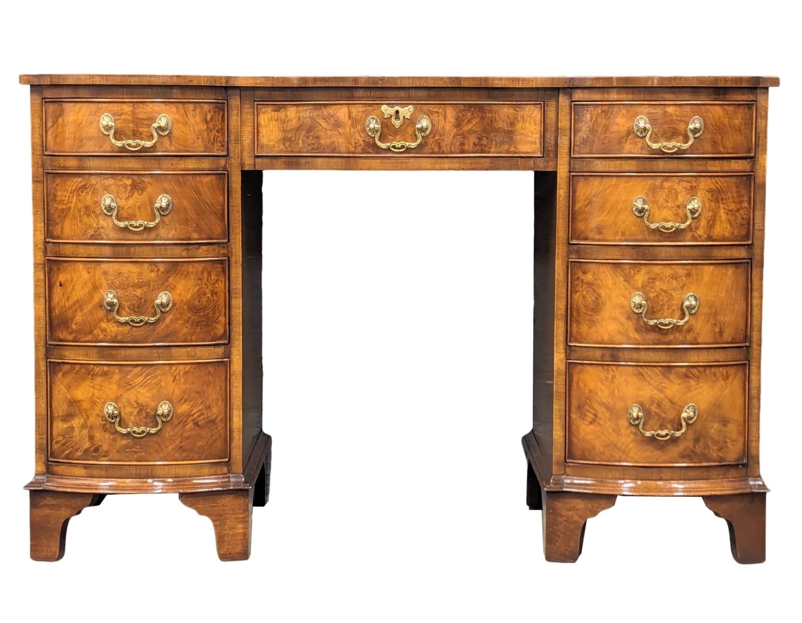 A Georgian style mahogany and burr walnut pedestal desk with leather top. 115x53.5x75cm - Image 3 of 10