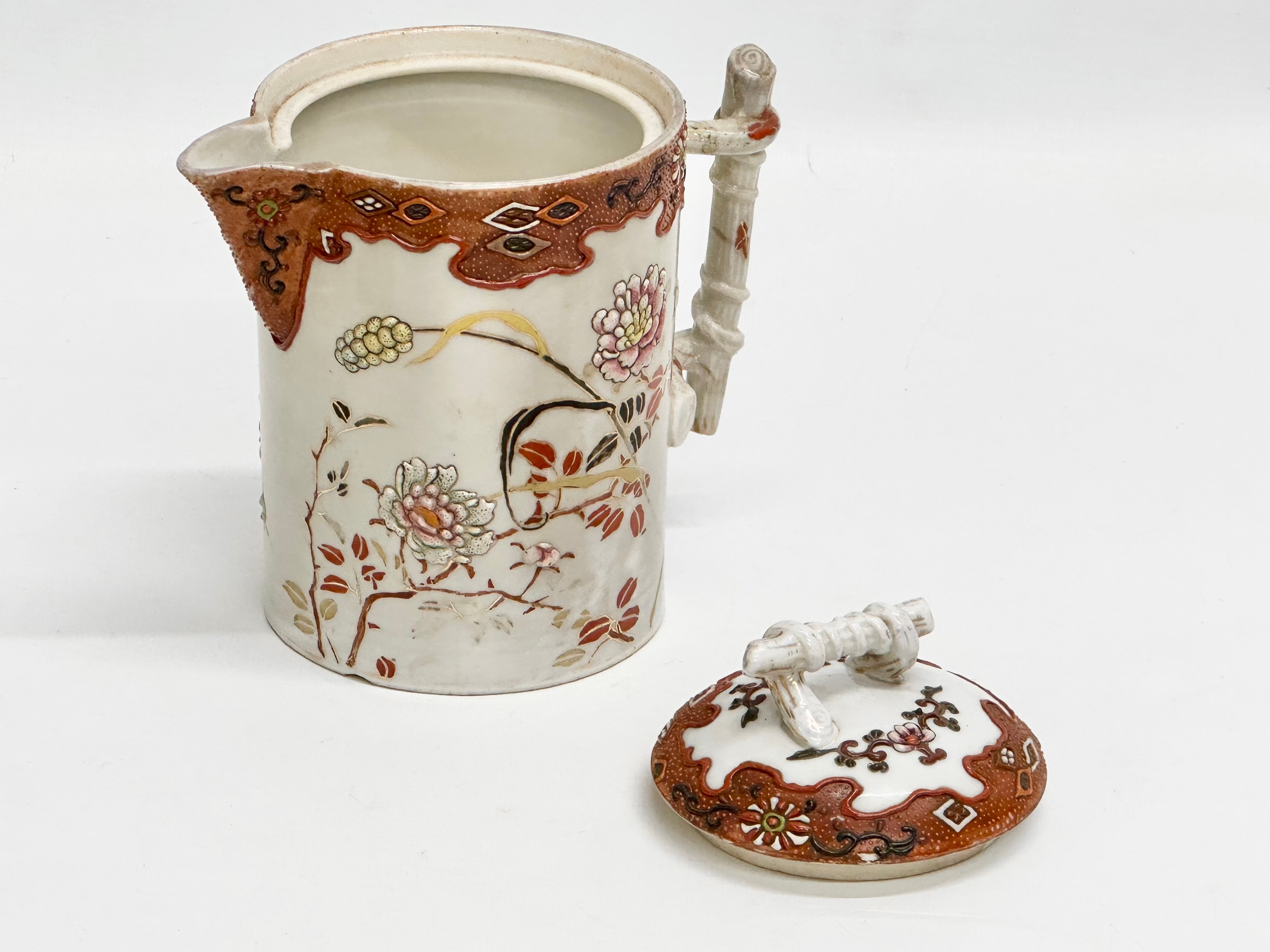 A 19th Century Japanese hand painted chocolate pot/teapot. With bamboo design handle and embossed - Image 8 of 13