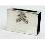 A military themed silver matchbox holder. Birmingham, 1920. 55.75 grams.