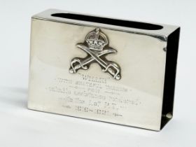 A military themed silver matchbox holder. Birmingham, 1920. 55.75 grams.
