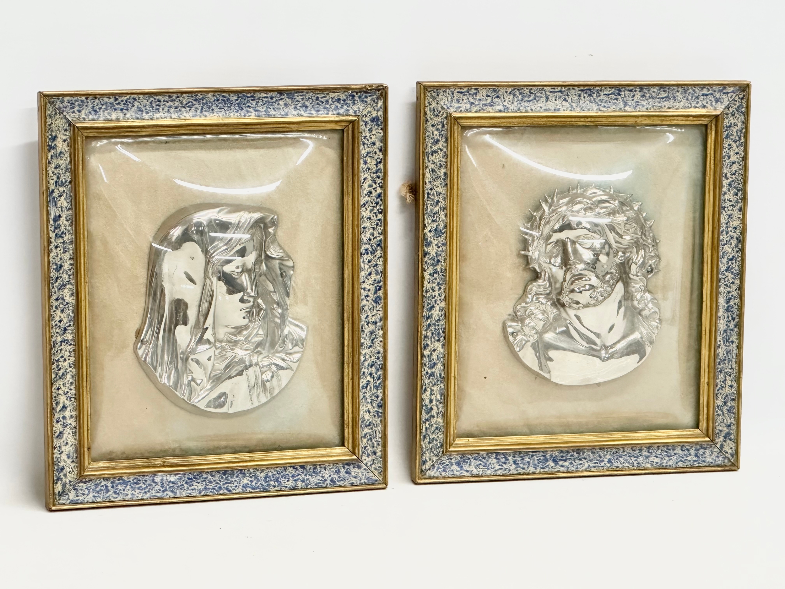 A pair of Early 20th Century plated religious wall plaques with convex glass and gilt frames. - Image 4 of 8