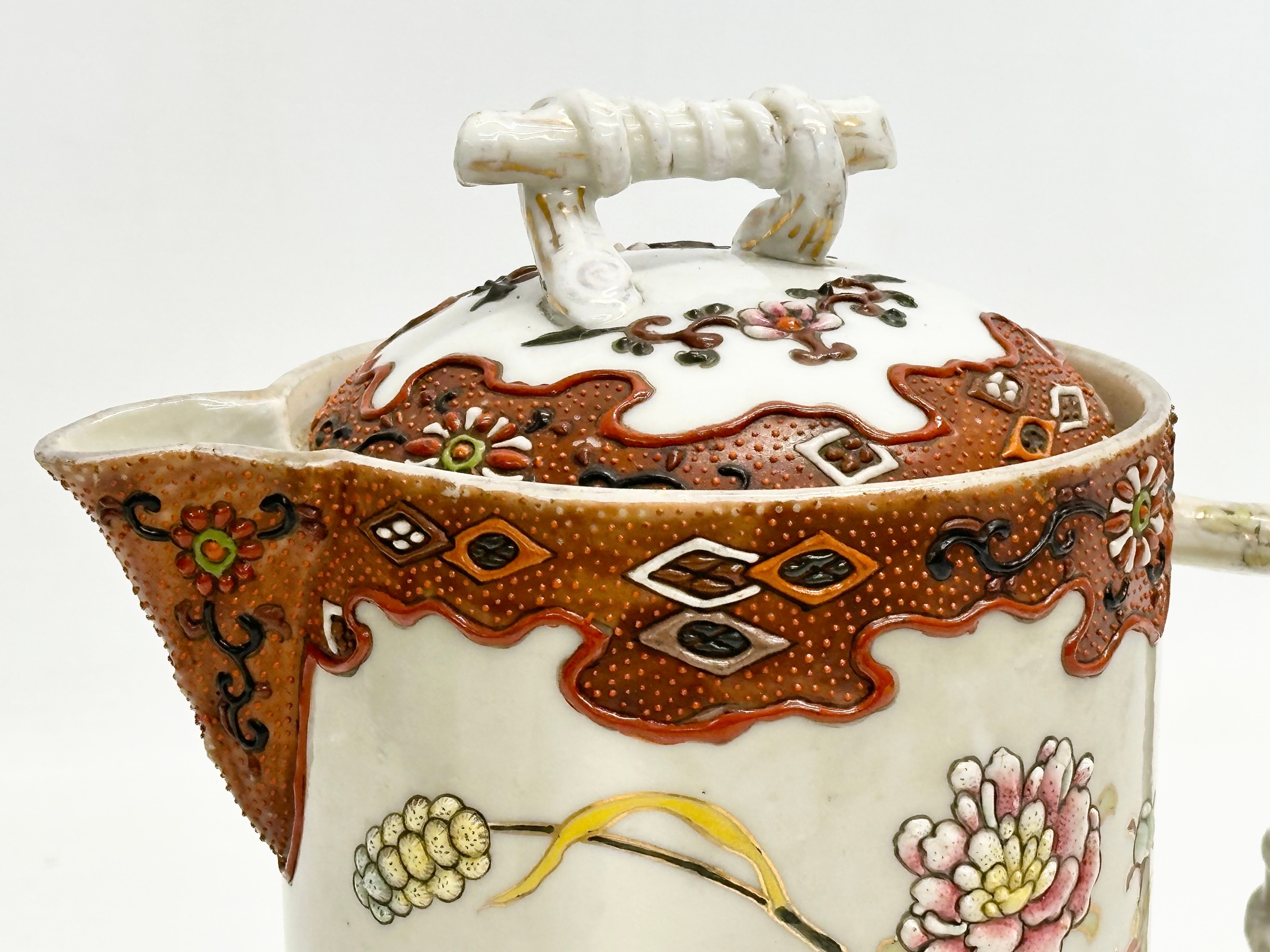 A 19th Century Japanese hand painted chocolate pot/teapot. With bamboo design handle and embossed - Image 3 of 13