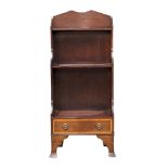 A small Georgian style inlaid mahogany step front open bookcase with drawer. 44x27x100cm