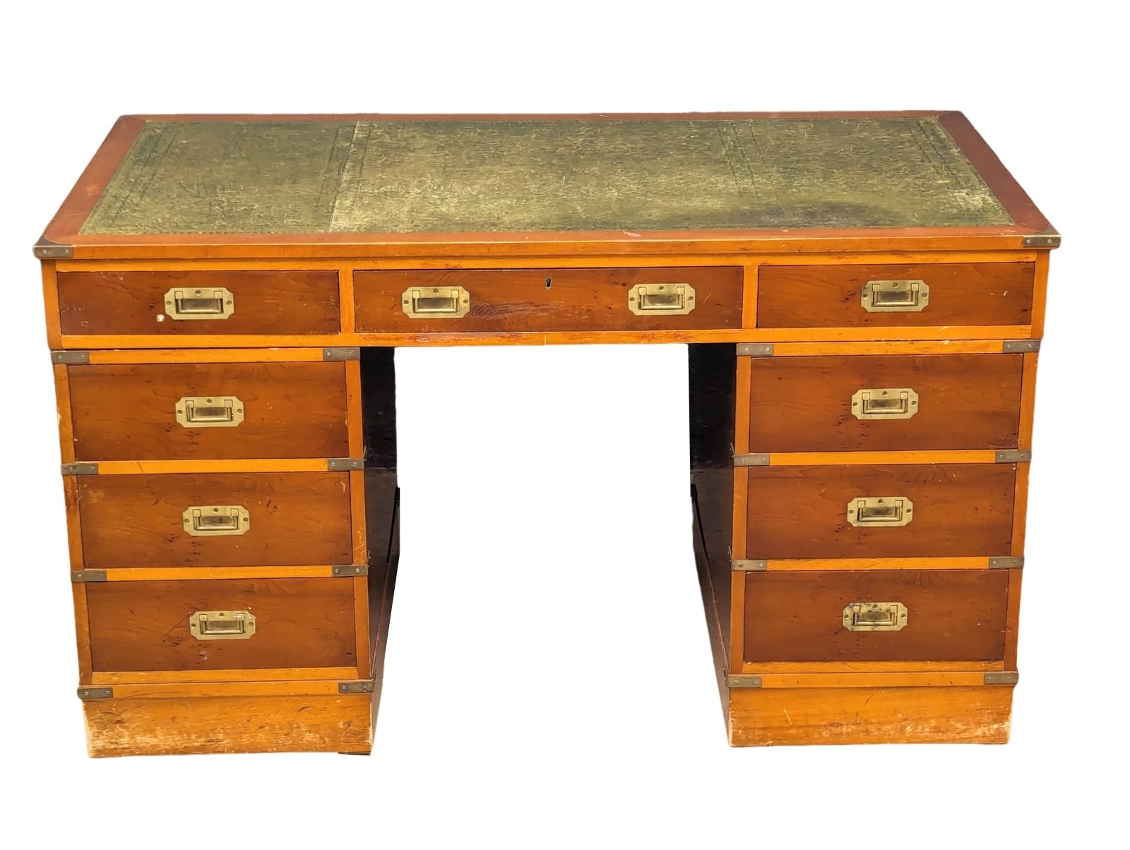 A Campaign style yew wood pedestal desk with leather top. 135x74x78cm - Image 7 of 8